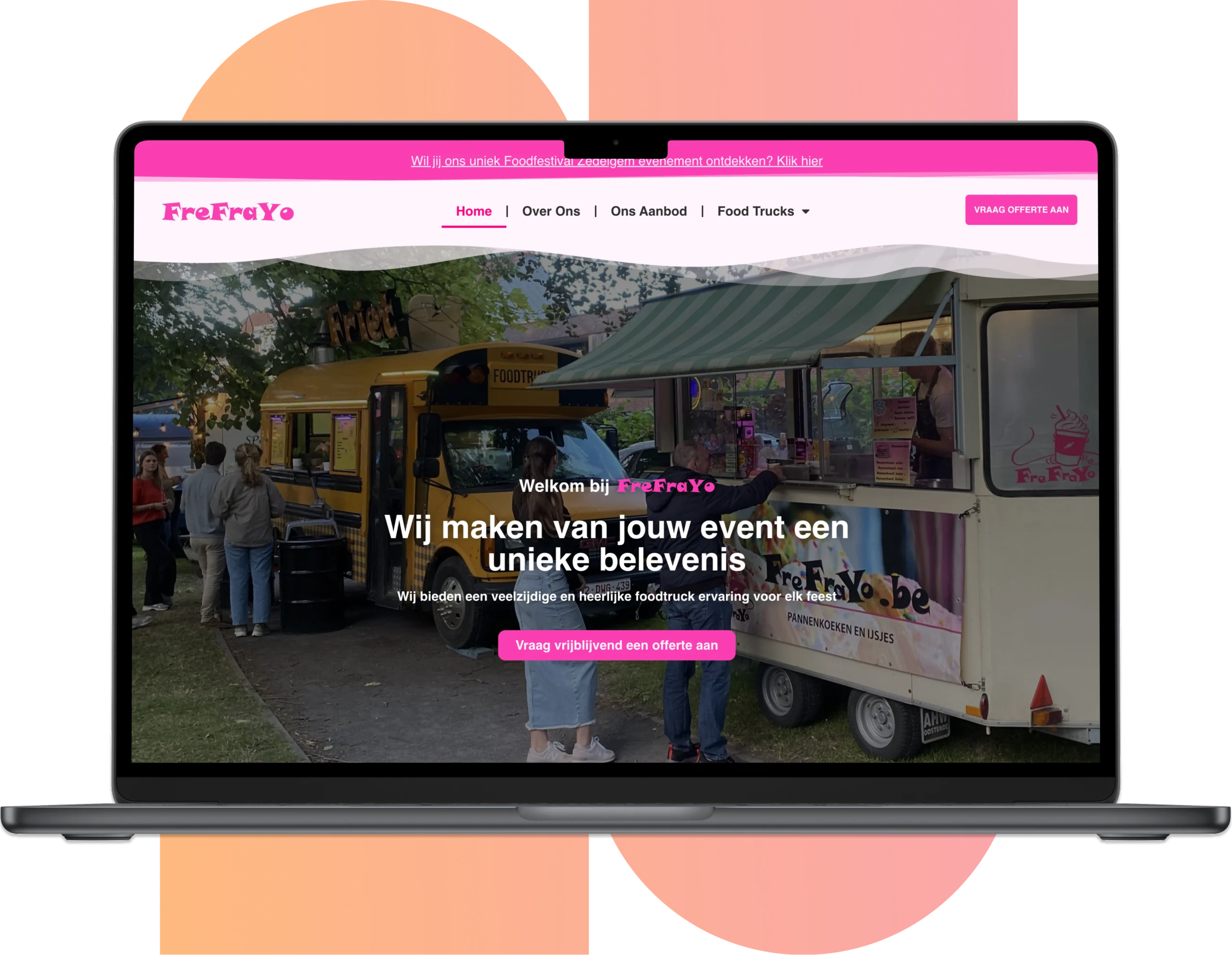 Voor FreFraYo uit Zedelgem vernieuwden we de website, volledig in lijn met hun huisstijl. We bouwden ook een specifiek platform voor hun foodtruckfestival. Het resultaat is een conversiegerichte site die wekelijks nieuwe leads en offertes genereert voor hun cateringopdrachten. Een efficiënte oplossing die direct bijdraagt aan hun groei.